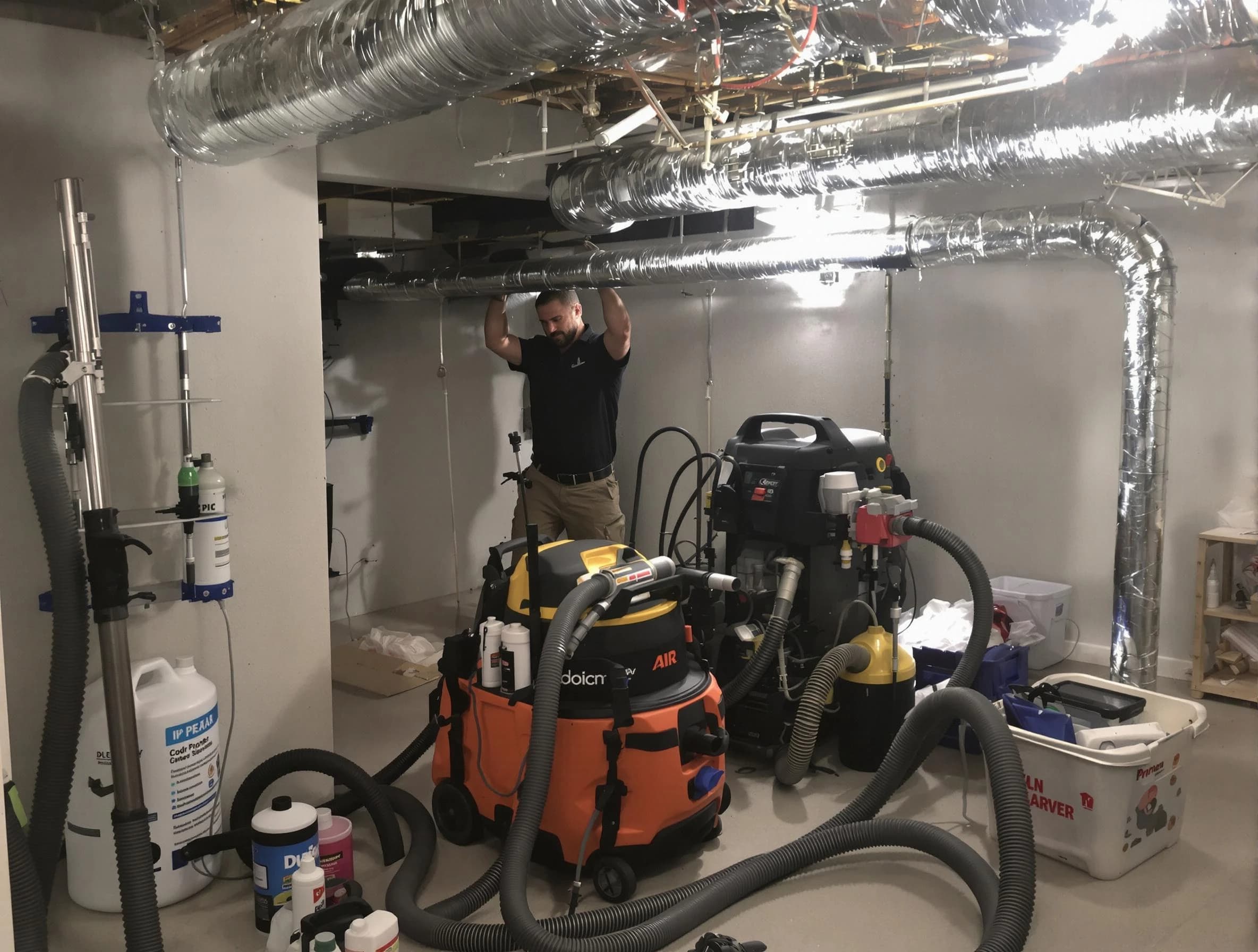 Holladay Air Duct Cleaning specialist performing professional mold removal from air ducts using safety equipment in Holladay